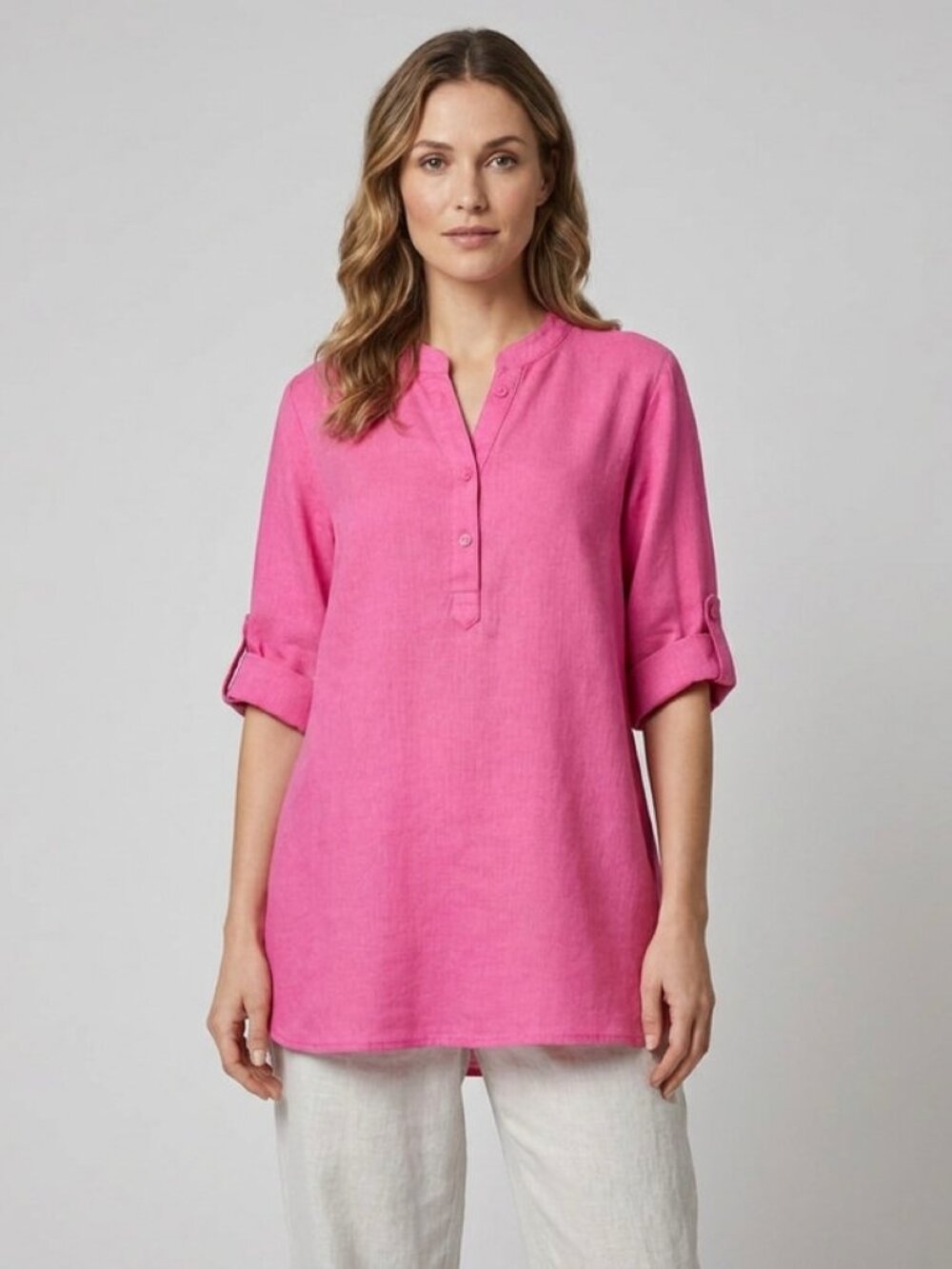 Dana Buchman Sz M Hot Pink Linen Tunic Blouse belt cord rolled 3/4 sleeves